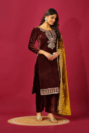 Party Wear Brown Color Heavy Viscose Velvet Kurti For Girls