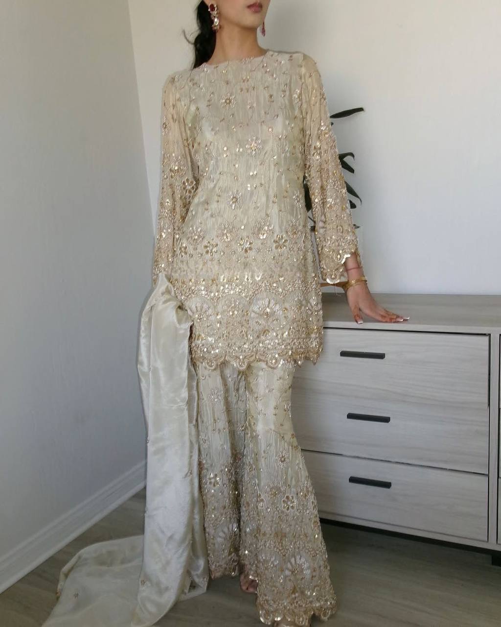 Party Wear Cream Color Chinon Silk Sharara For Girls