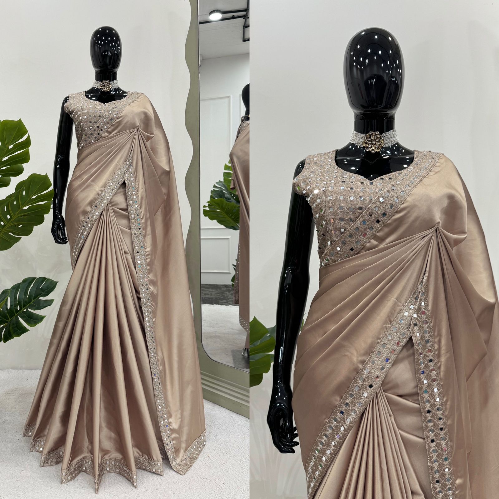Party Wear Cream Color Japan Satin Silk Saree For Girls
