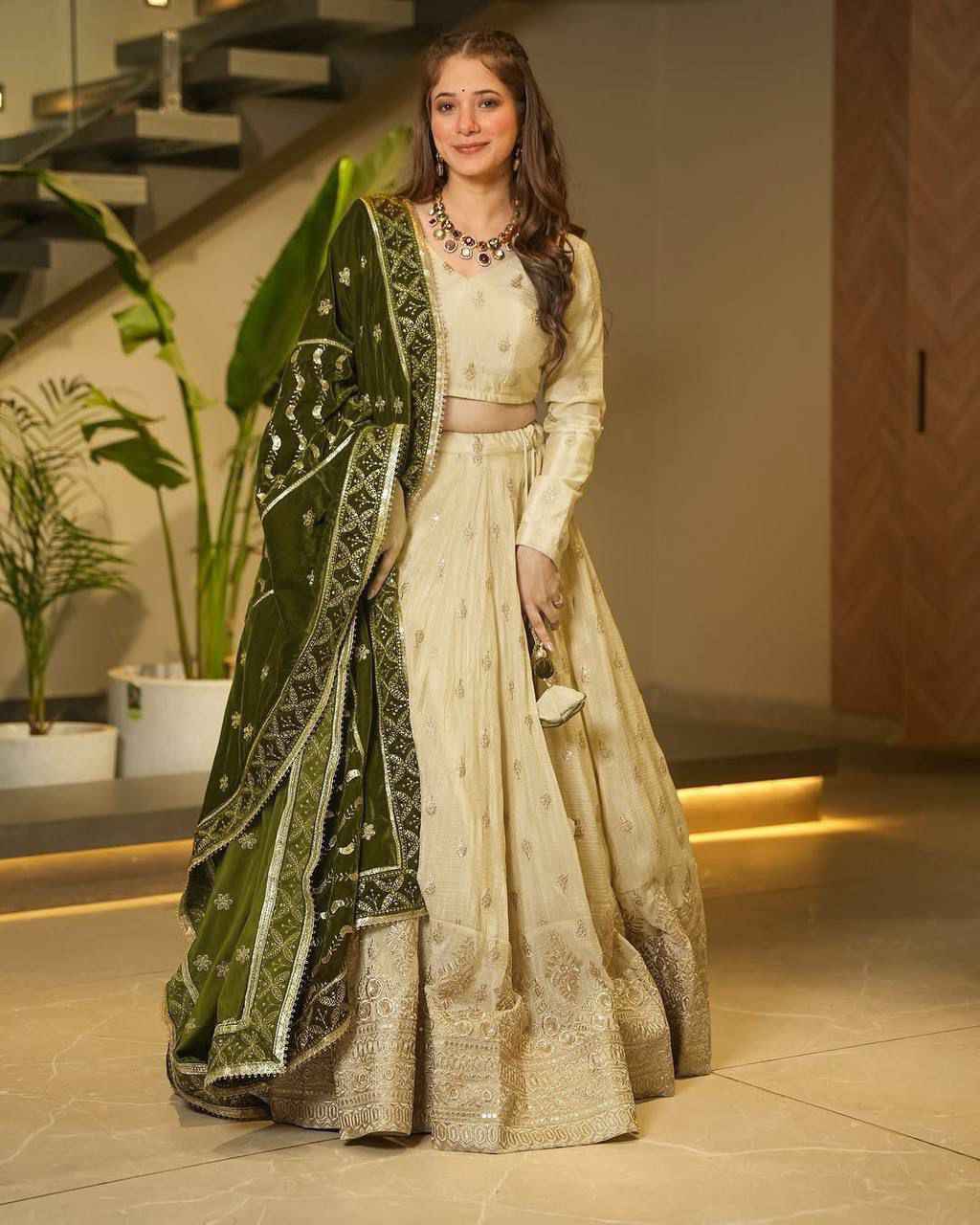 Party Wear Cream Color Silkyani Slab Lehenga Choli For Girls