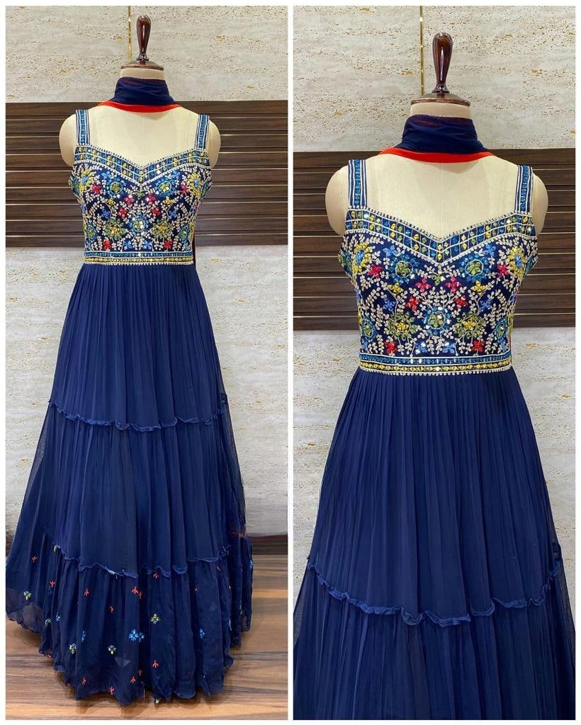Faux Georgette Embroidery Ruffel Layer Work Long Gown