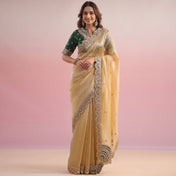 Party Wear Golden Color Twil Net Saree For Women