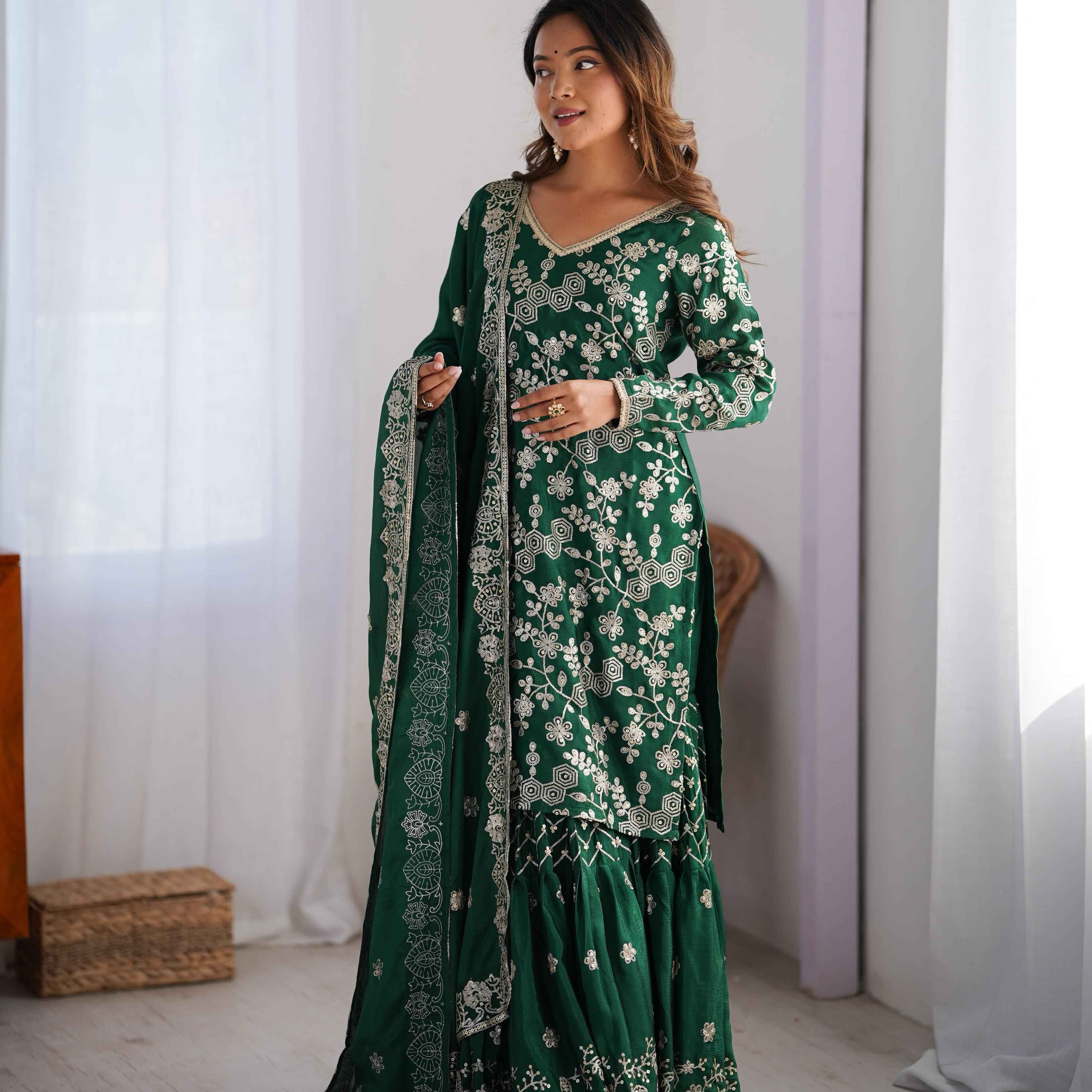 Party Wear Green Color Foux Gorgette Sharara For Girls