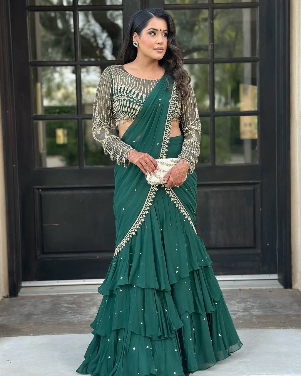 Party Wear Green Color Georgette Saree For Girls