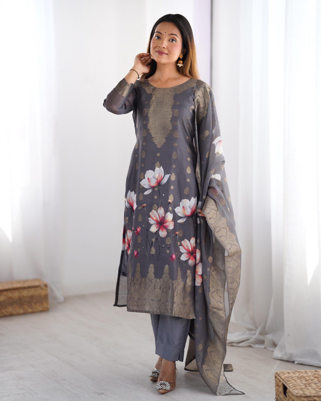 Party Wear Grey Color Chanderi Silk Kurti For Girls