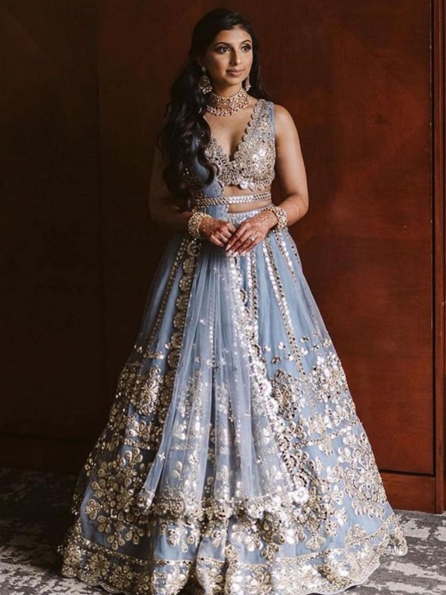Party Wear Grey Color Net Lehenga For Bride