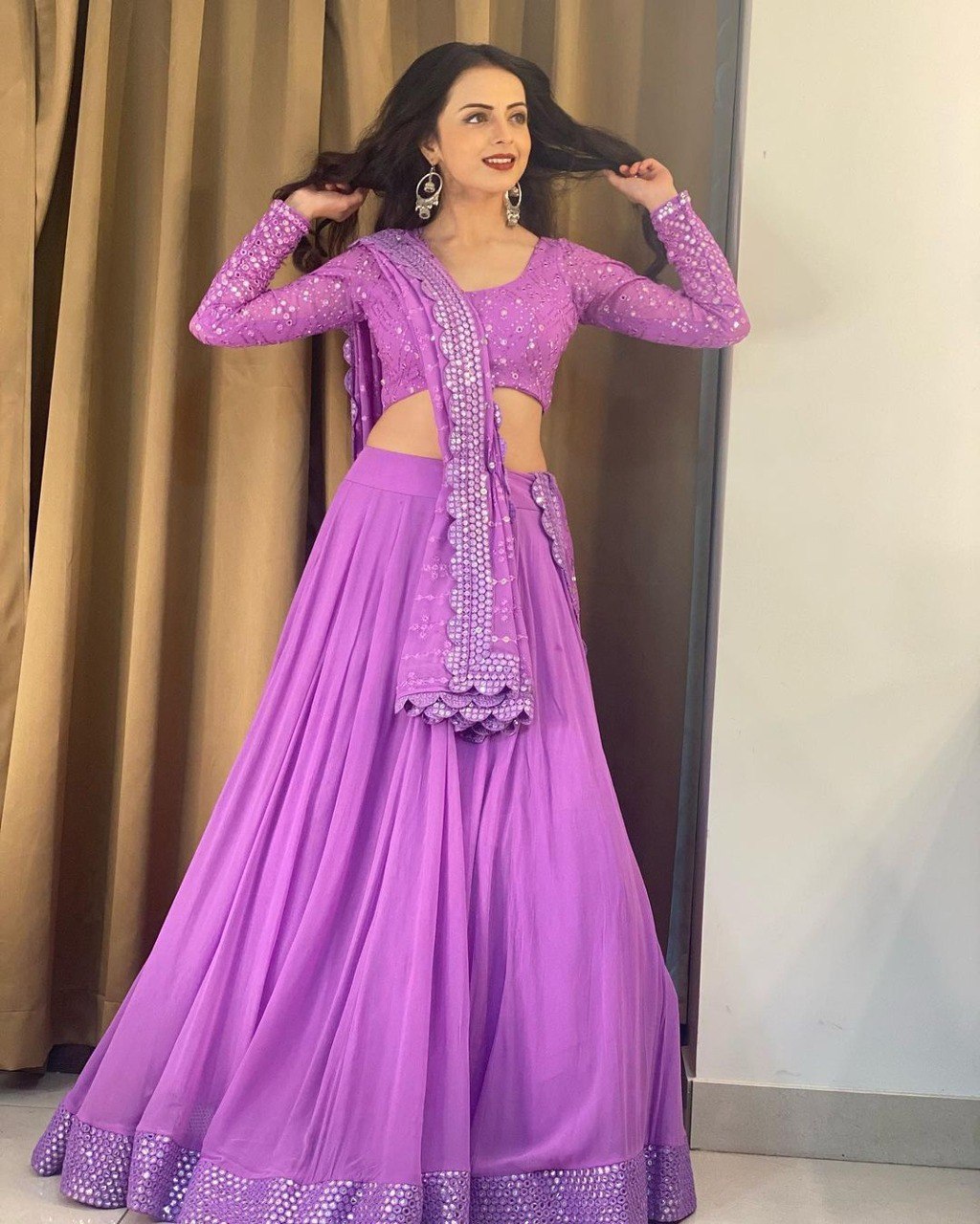 Party Wear Lavender Color Faux Georgette Lehenga For Girls
