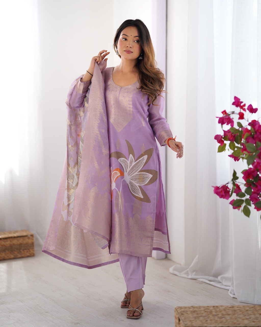 Party Wear Light Purple Color Chanderi Silk Kurti For Girls