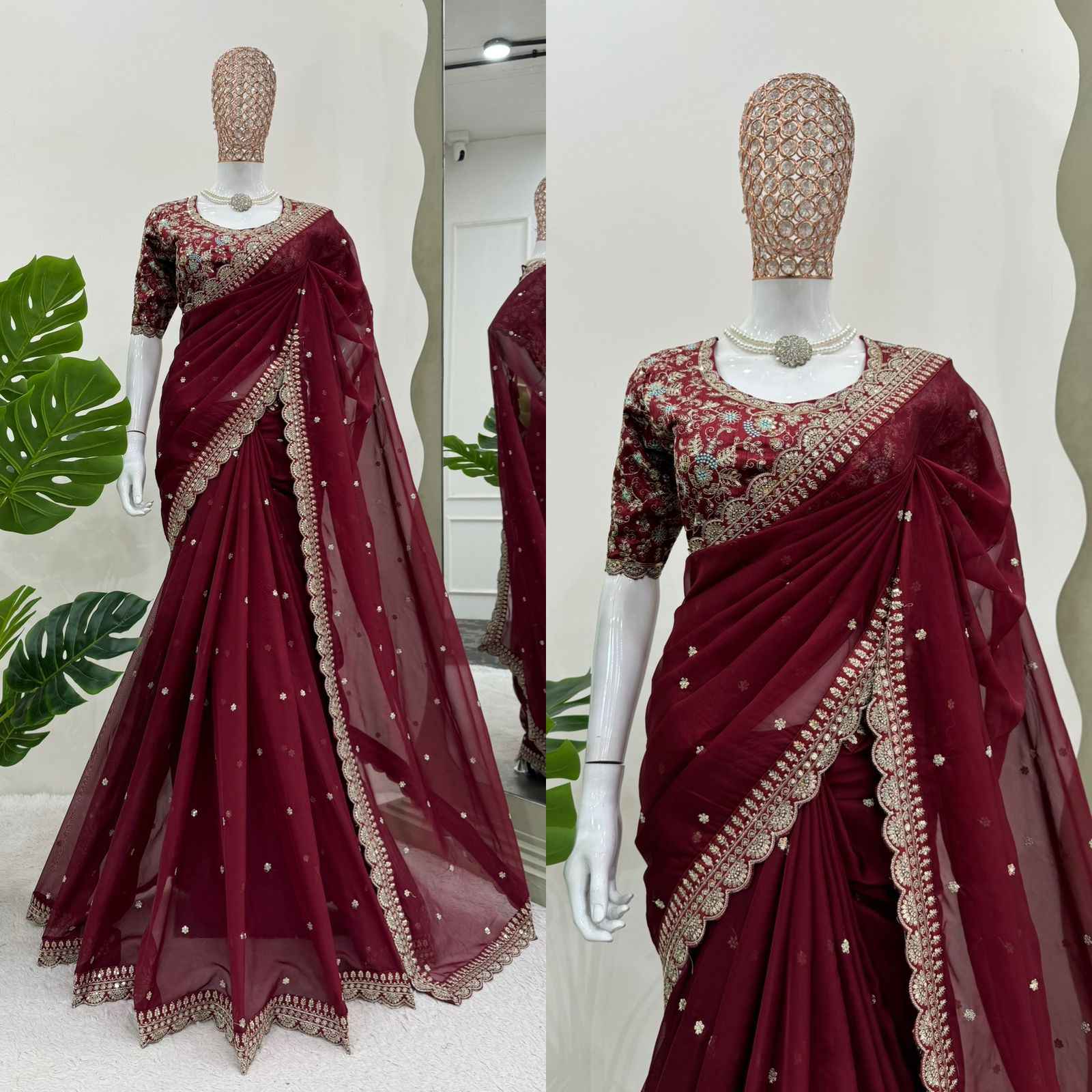 Party Wear Maroon Color Havy Tibby Silk Saree For Girls