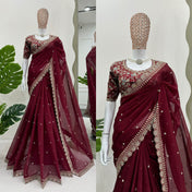Party Wear Maroon Color Havy Tibby Silk Saree For Girls