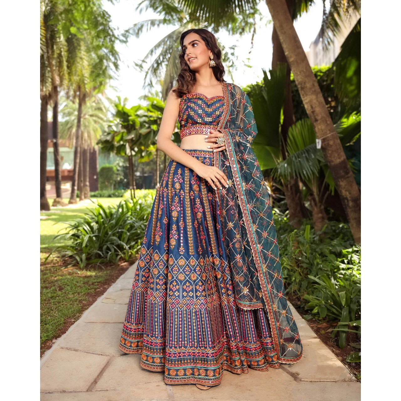 Party Wear Multi Color Chinon Silk Lehenga For Bride
