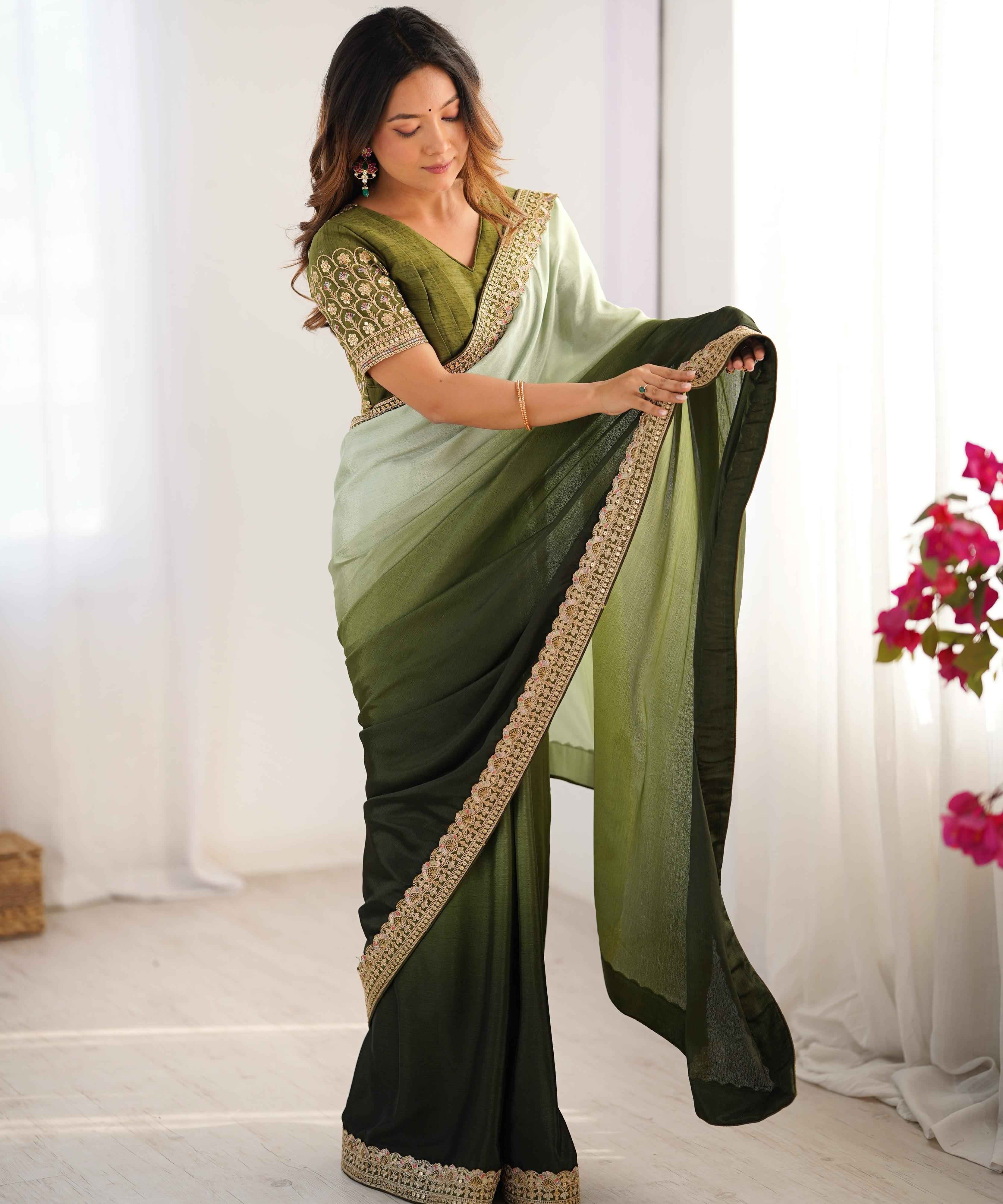 Party Wear Multi Color Chinon Silk Saree For Girls