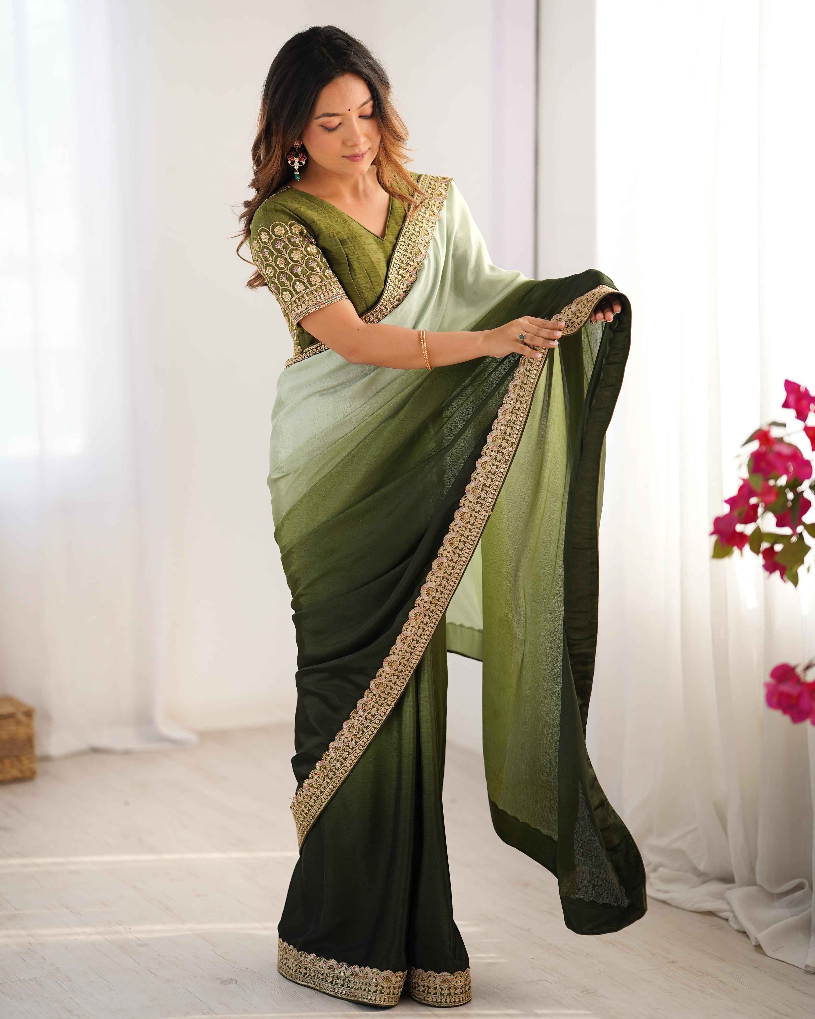 Party Wear Multi Color Chinon Silk Saree For Girls