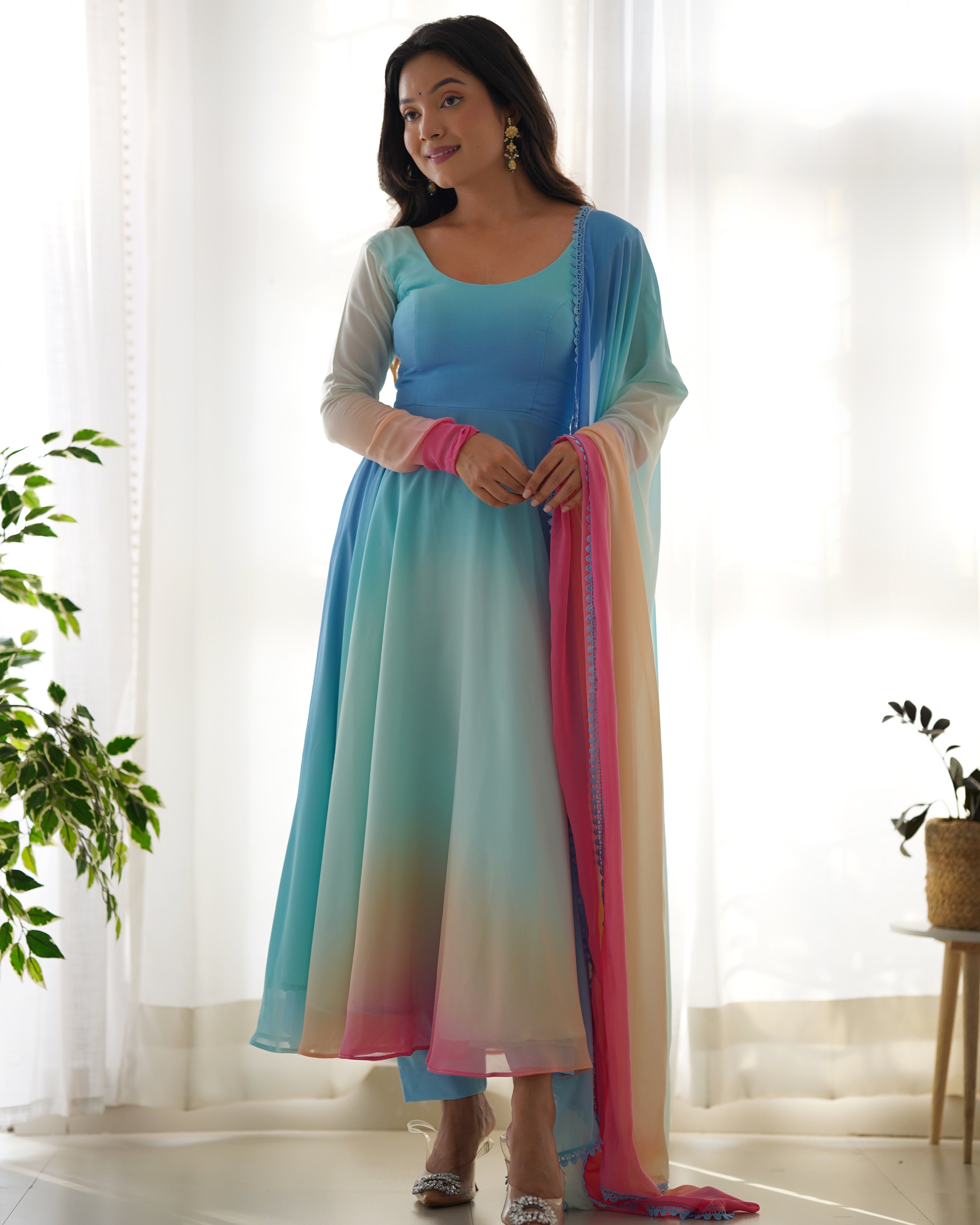 Party Wear Multi Color Heavy Fox Georgette Gown For Women