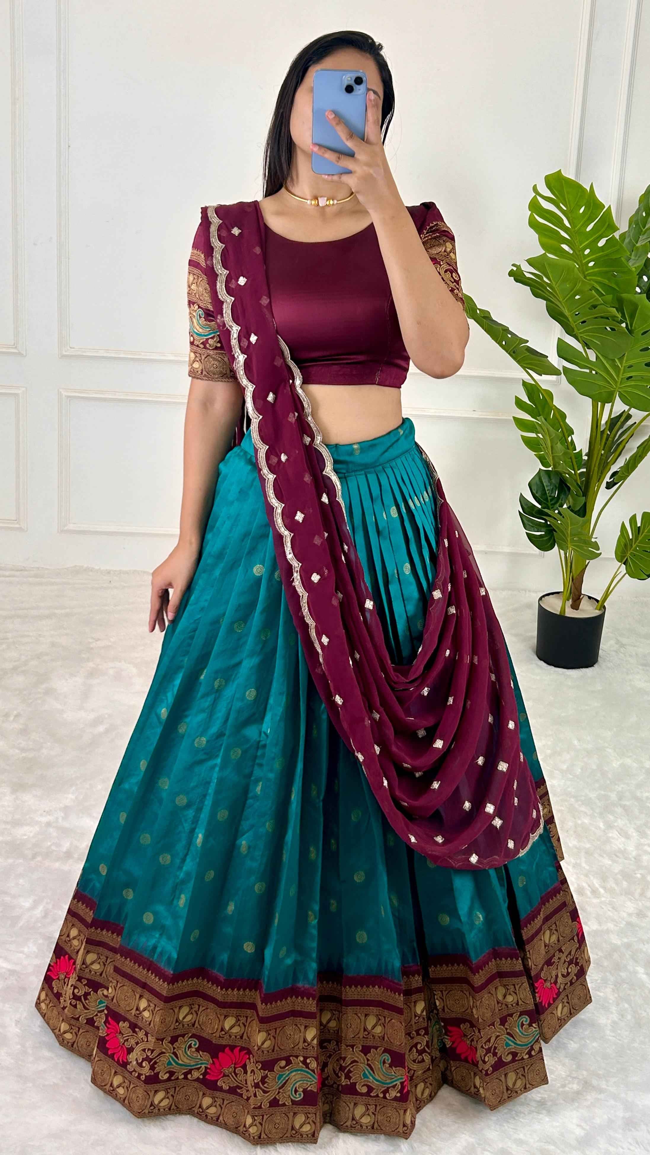 Party Wear Multi Color Jequrd Silk Lehega For Girls