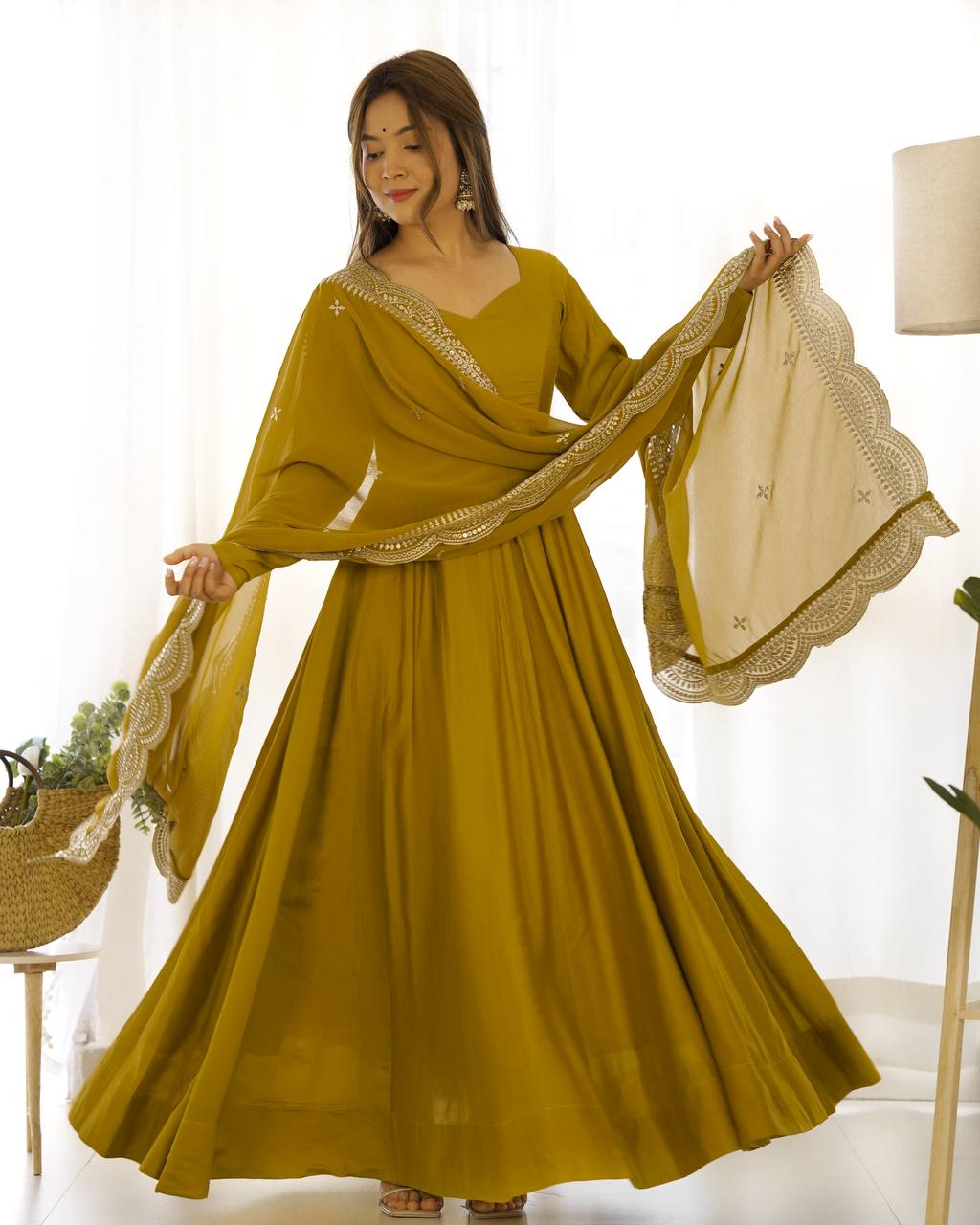 Party Wear Musturd Yellow Color Heavy Chanderi Silk Gown For Girls