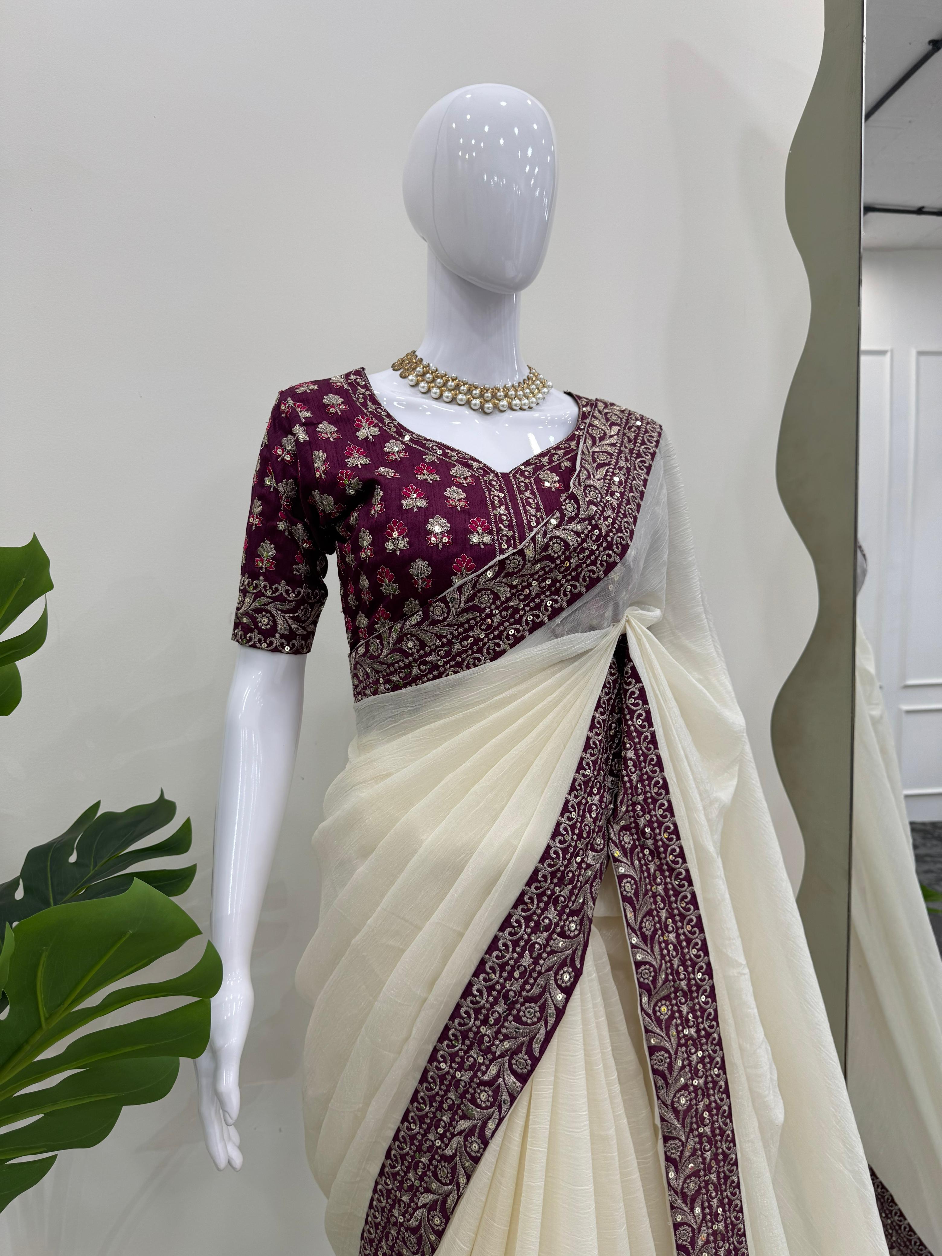 Party Wear Off White Color Crunchy Silk Saree For Girls