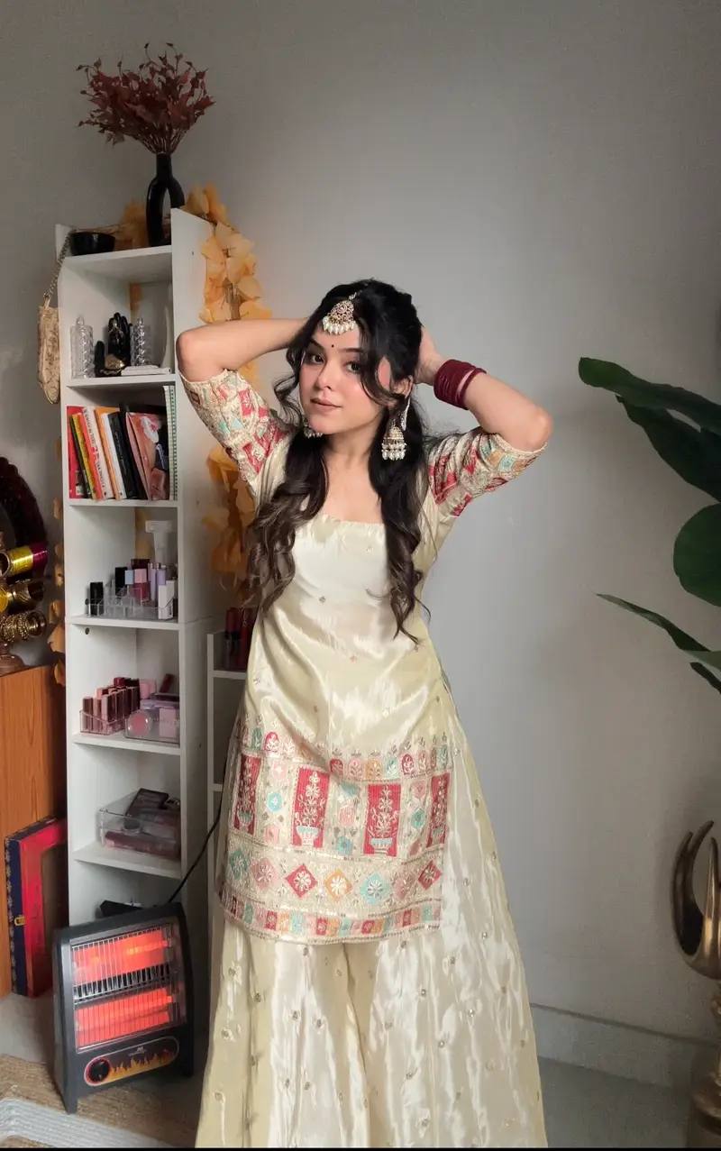 Party Wear Off White Color Heavy Chinon Silk For Girls