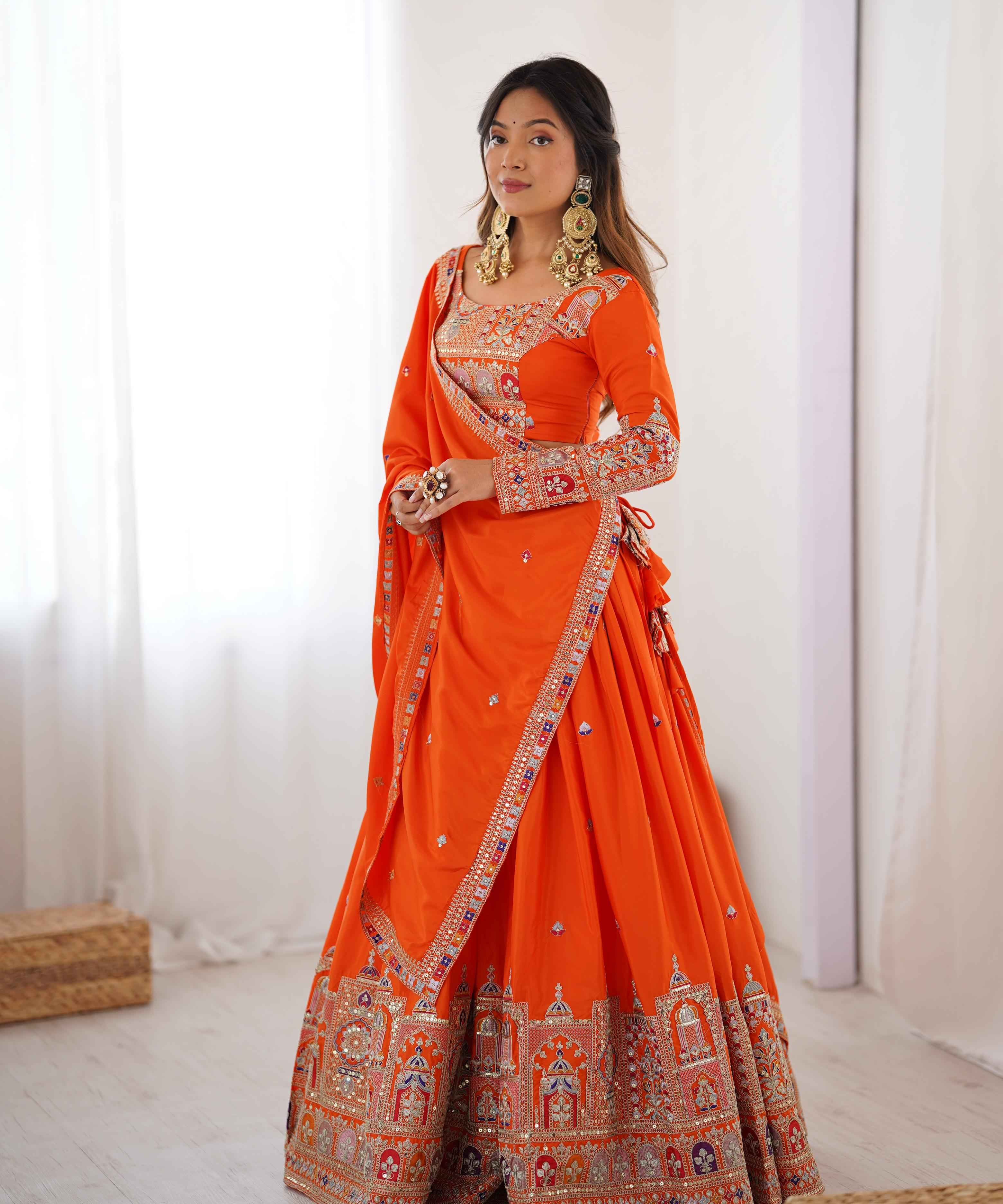 Party Wear Orange Color Natural Crep Silk Lehenga For Girls