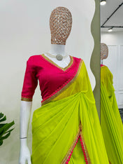 Party Wear Parrot Green Color Mul Cotton Saree For Girls