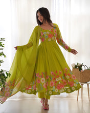 Party Wear Parrot Green Color Pure Organza Silk Gown For Girls