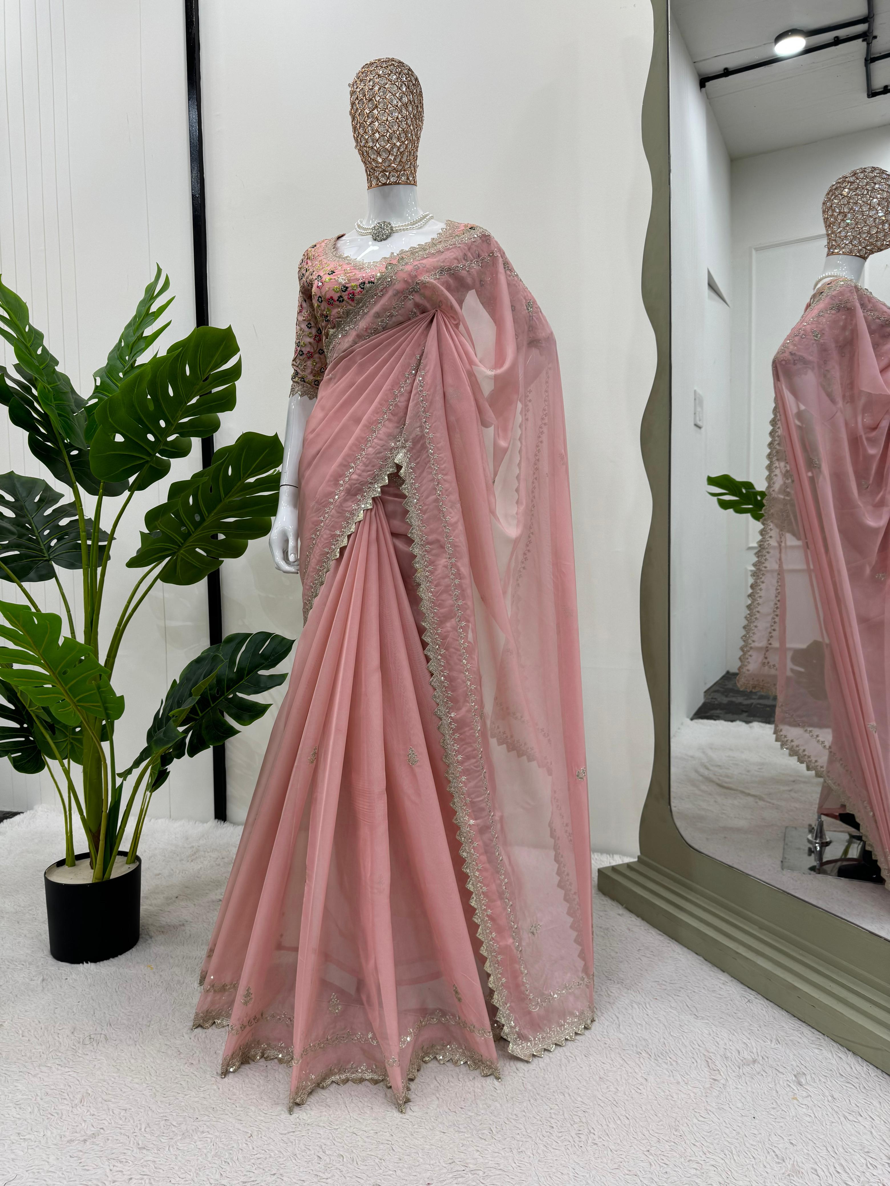 Party Wear Peach Color Tibby Silk Saree For Girls