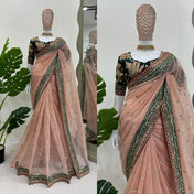 Party Wear Peach Color Twil Net Saree For Girls