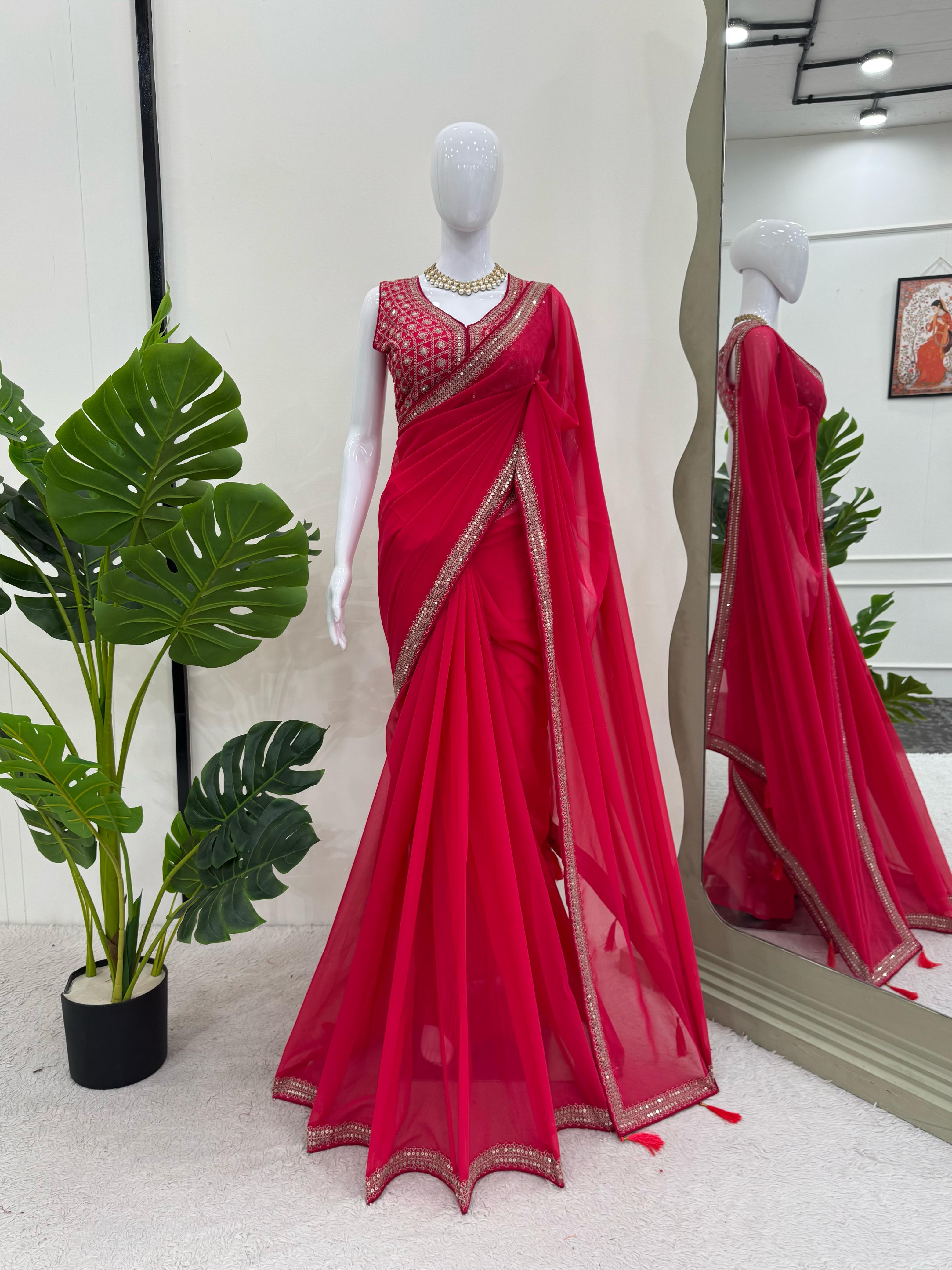 Party Wear Red Color Faux Georgette Saree For Girls