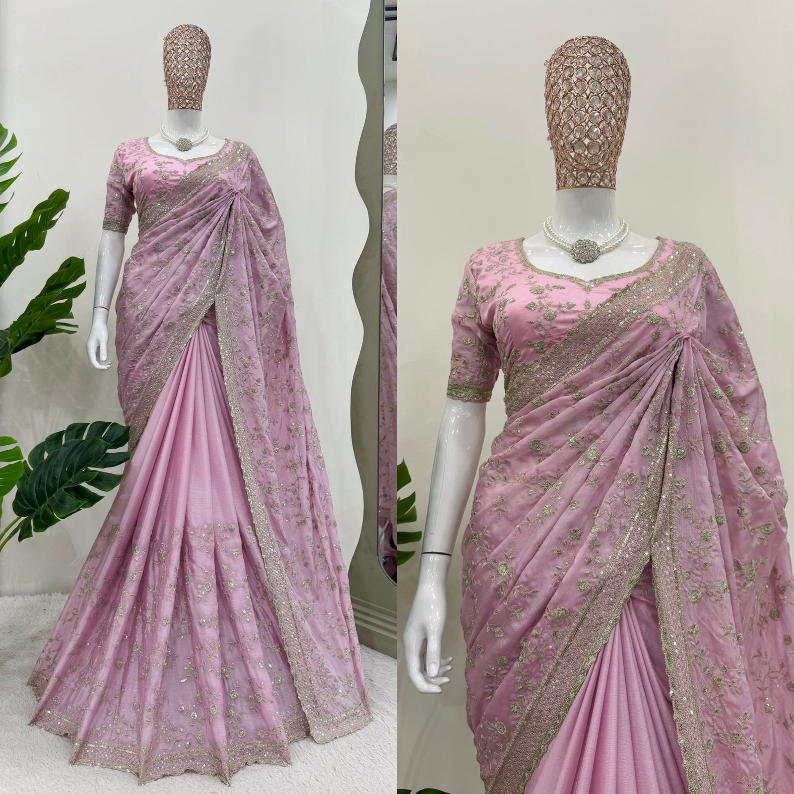 Party Wear Pink Color Havy Chinon Silk Saree For Girls