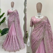 Party Wear Pink Color Havy Chinon Silk Saree For Girls