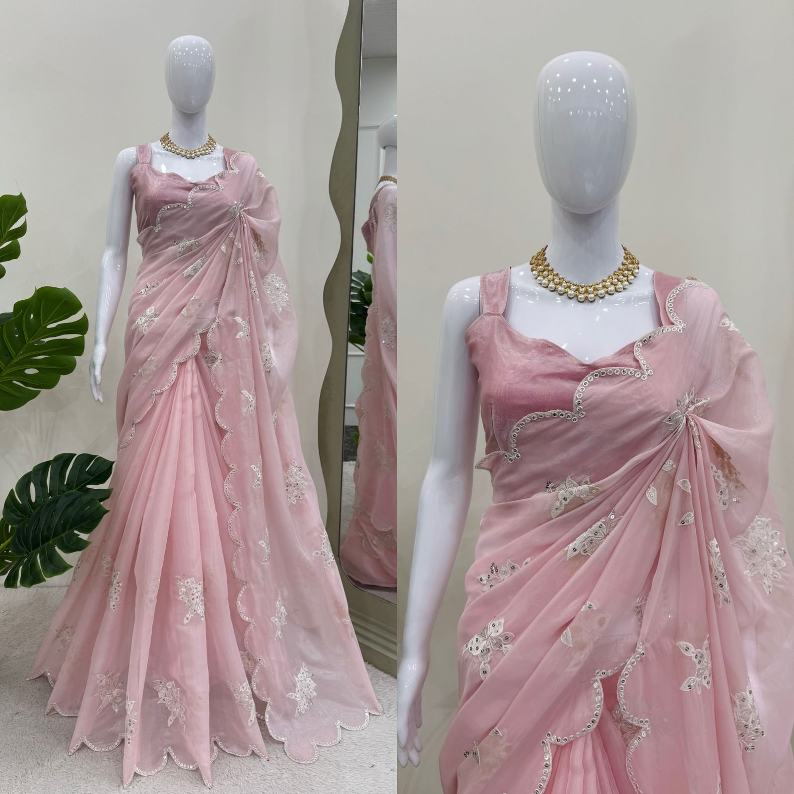 Party Wear Pink Color Havy Zimmy Chu Saree For Women