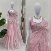 Party Wear Pink Color Havy Zimmy Chu Saree For Women