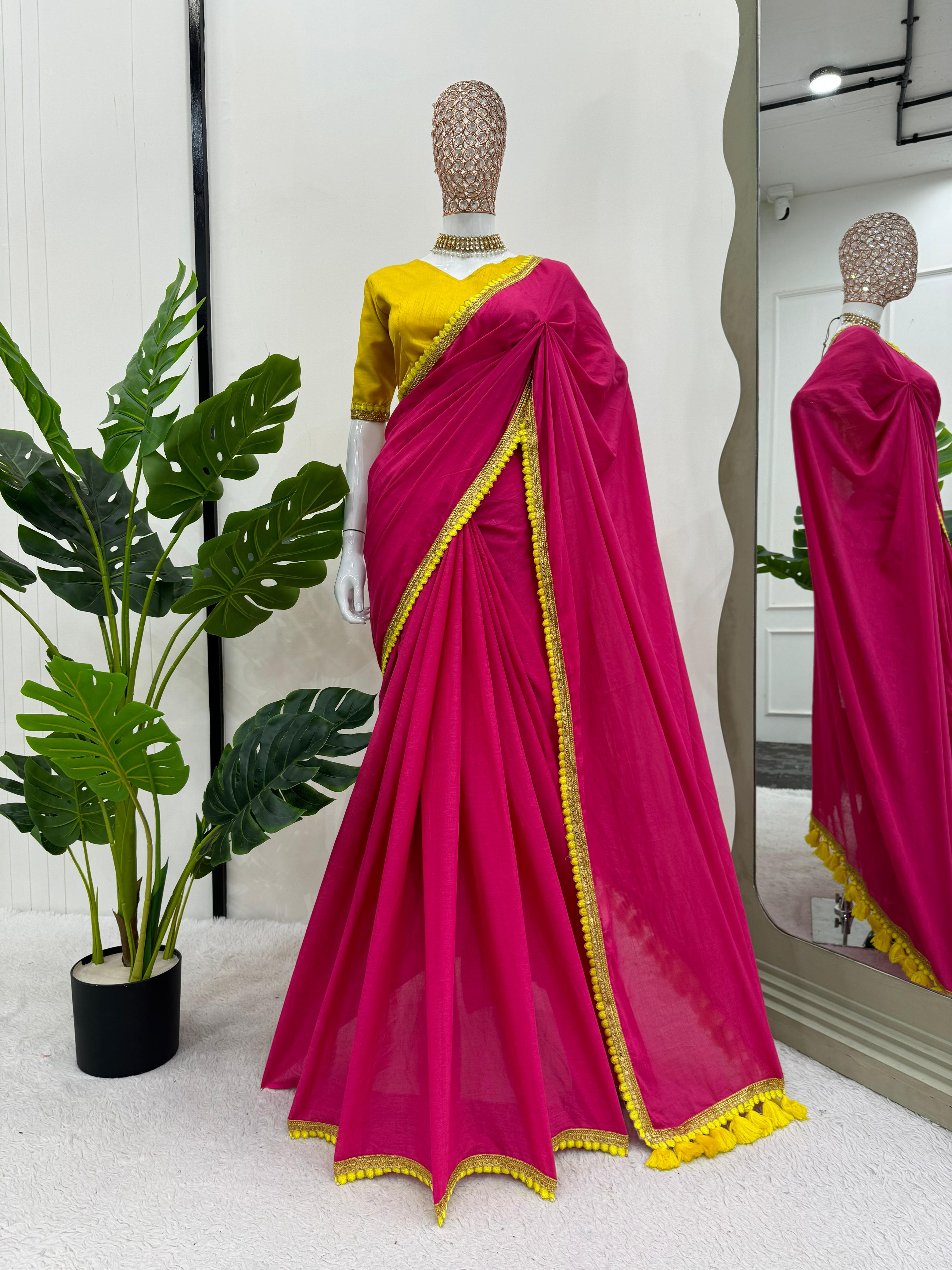 Party Wear Pink Color Mul Cotton Saree For Girls
