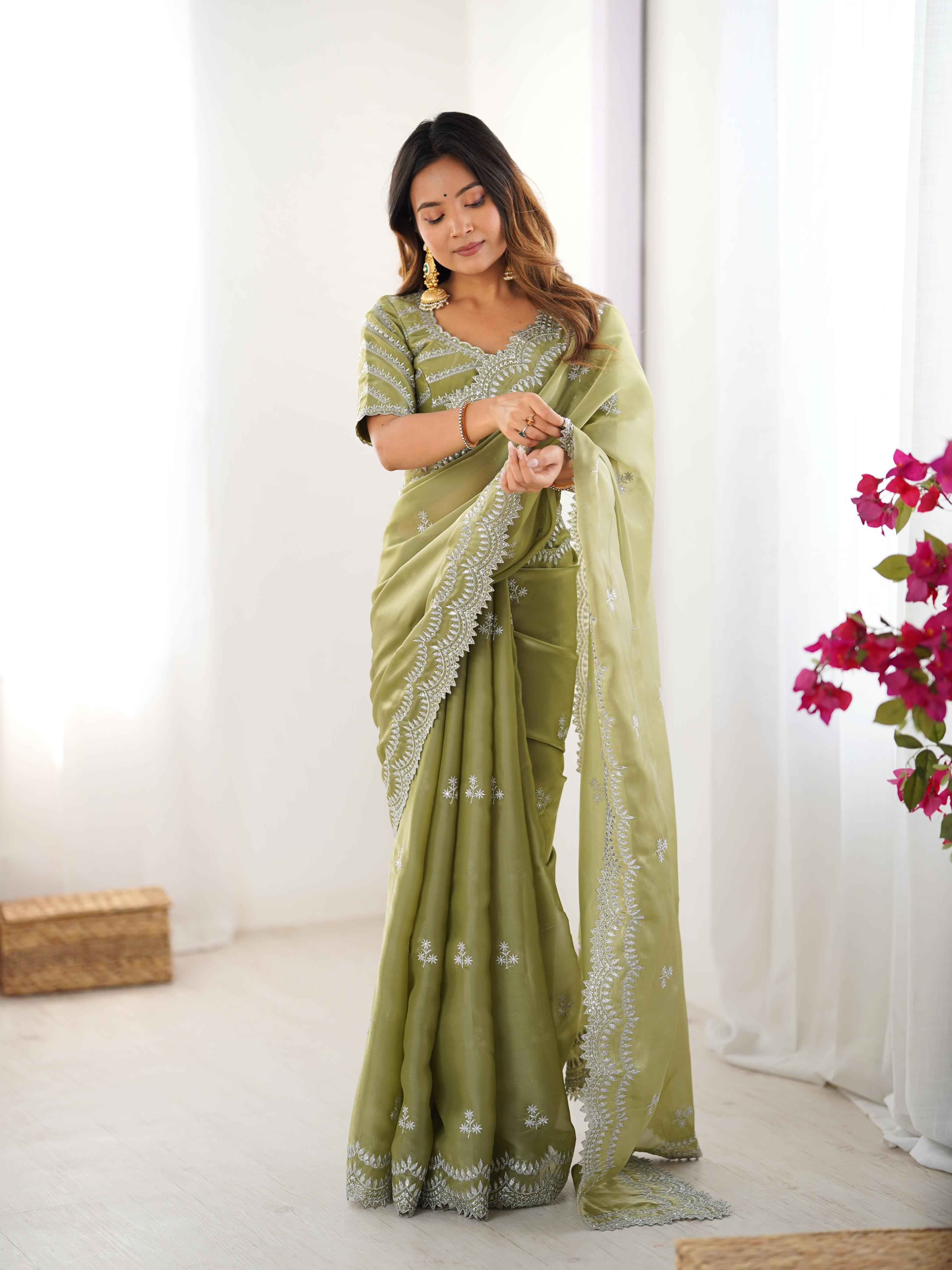 Party Wear Pista Color Jimmy Chu Saree For Women