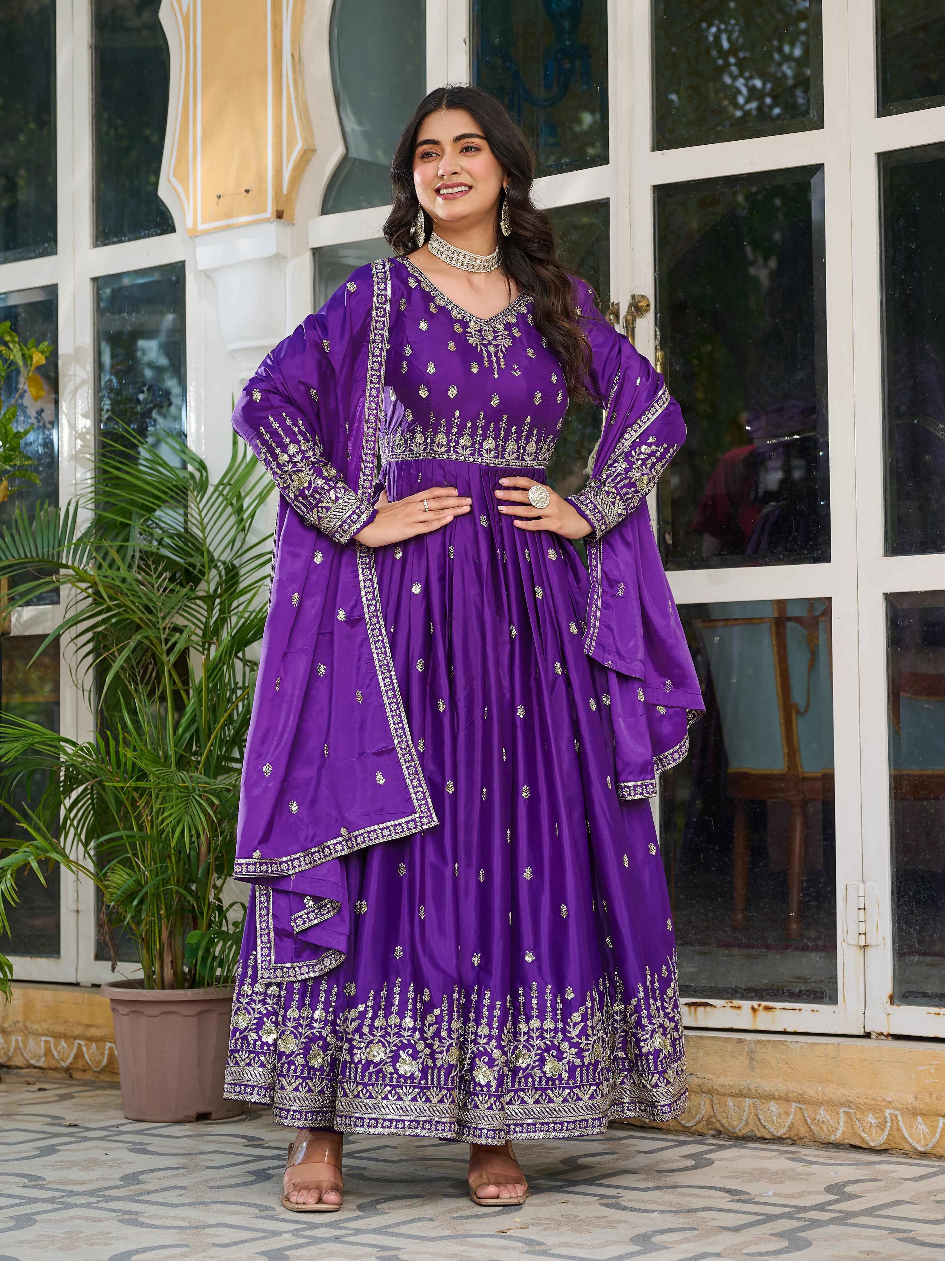 Party Wear Purple Color American Silk Gown For Girls