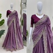 Party Wear Purple Color Crunchy Silk Saree For Girls