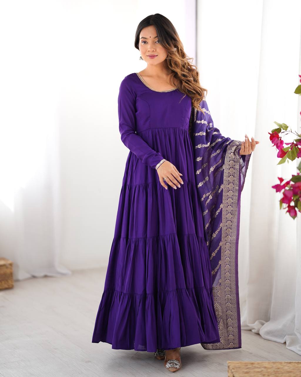Party Wear Purple Color Heavy Roman Silk Chanderi Gown For Girls