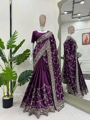 Party Wear Purple Color Japan Satin Silk Saree For Girls