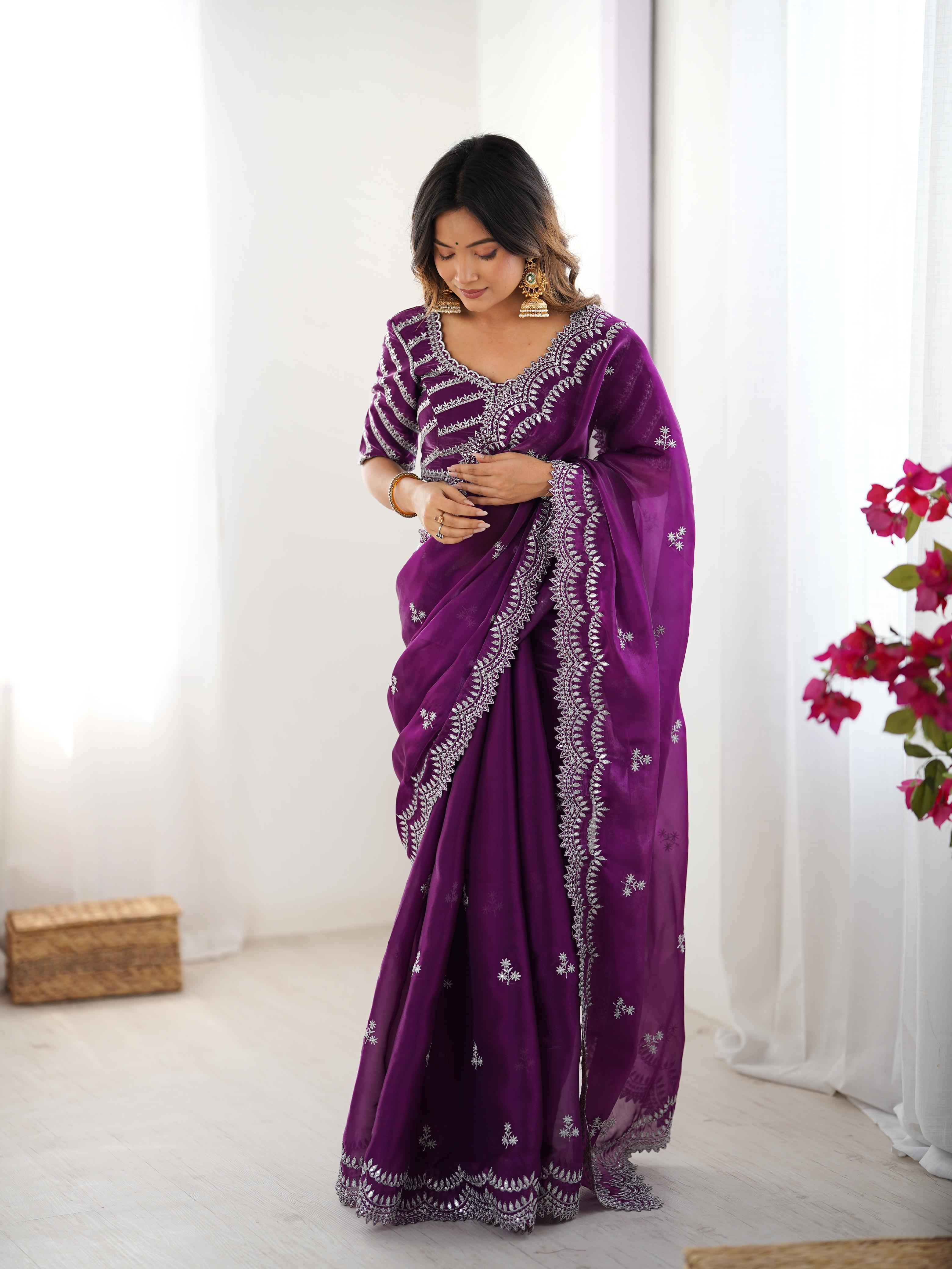 Party Wear Purple Color Jimmy Chu Saree For Girls