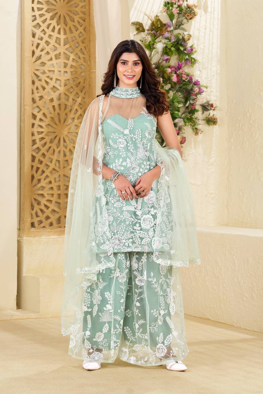 Party Wear Rama Color Butterfly Net Kurti For Girls
