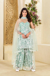 Party Wear Rama Color Butterfly Net Kurti For Girls