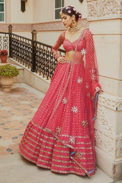 Party Wear Red Color Faux Georgette Lehenga For Women