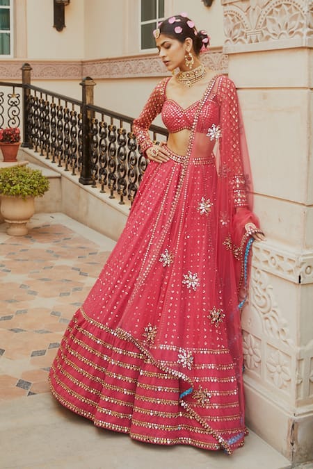 Party Wear Red Color Faux Georgette Lehenga For Women