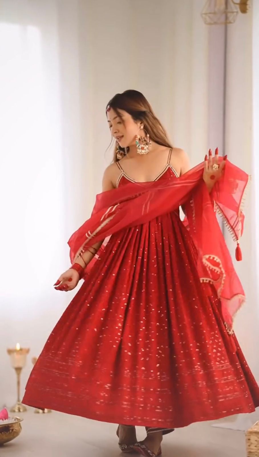 Party Wear Red Color Reyon Silk Gown For Girls