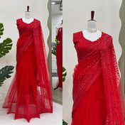 Party Wear Red Color Soft Silk Saree For Girls