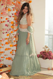 Party Wear Sea Green Color Georgette Lehenga For Bride