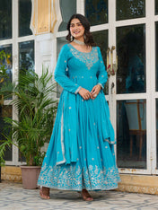 Party Wear Sky Blue Color American Silk Gown For Girls