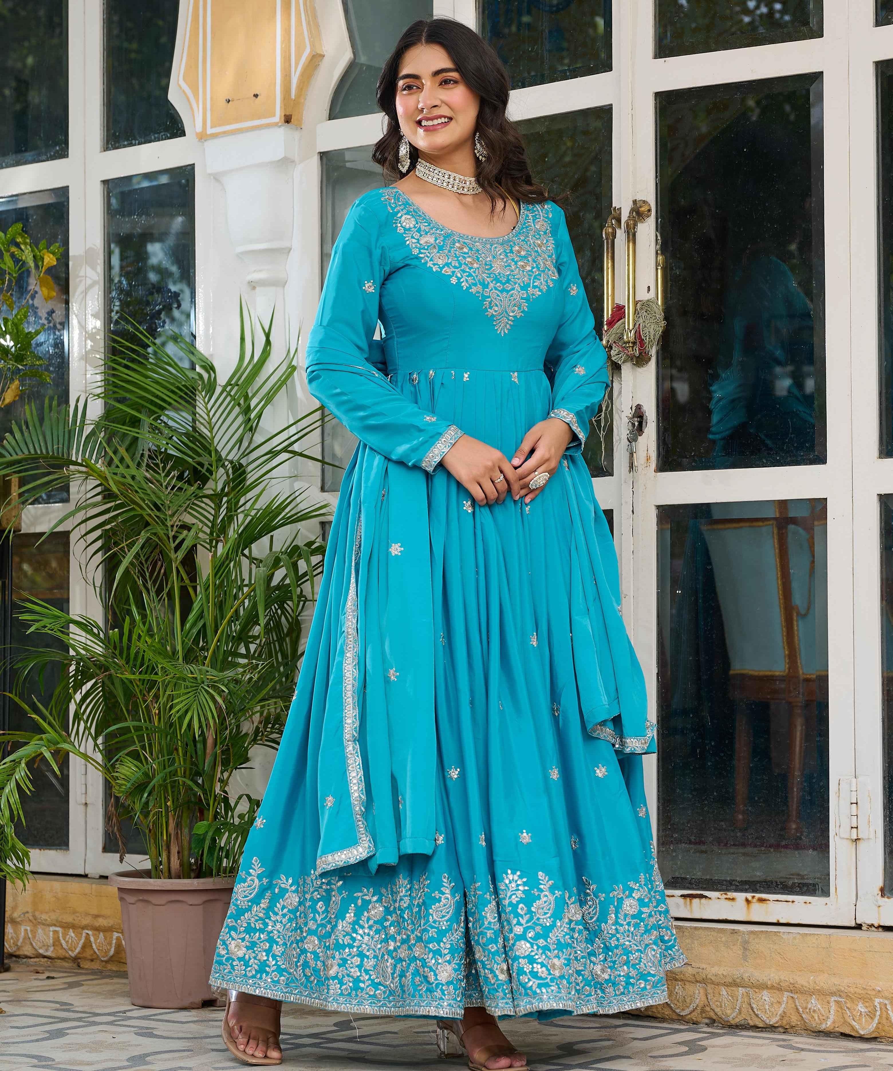 Party Wear Sky Blue Color American Silk Gown For Girls