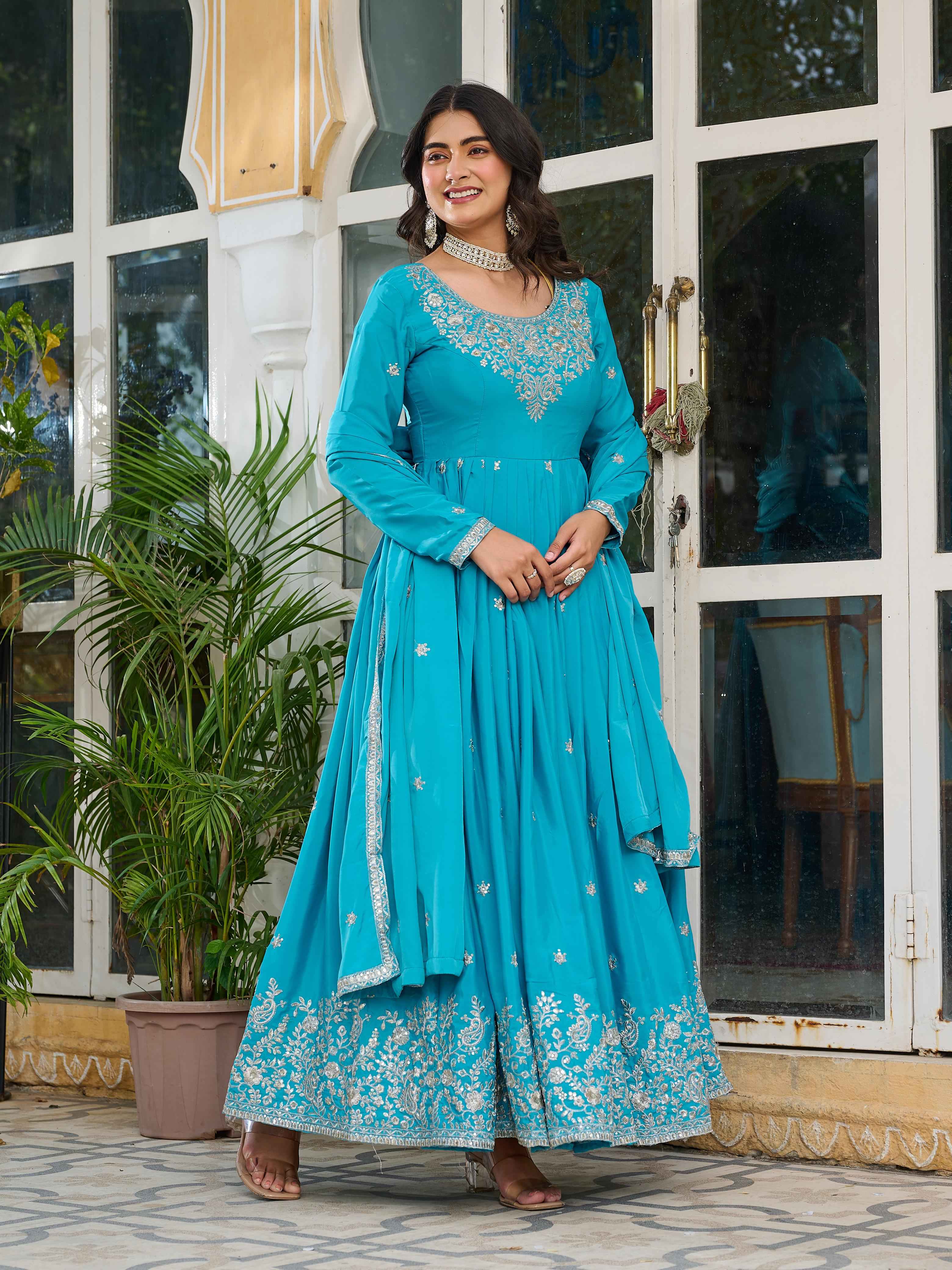 Party Wear Sky Blue Color American Silk Gown For Girls