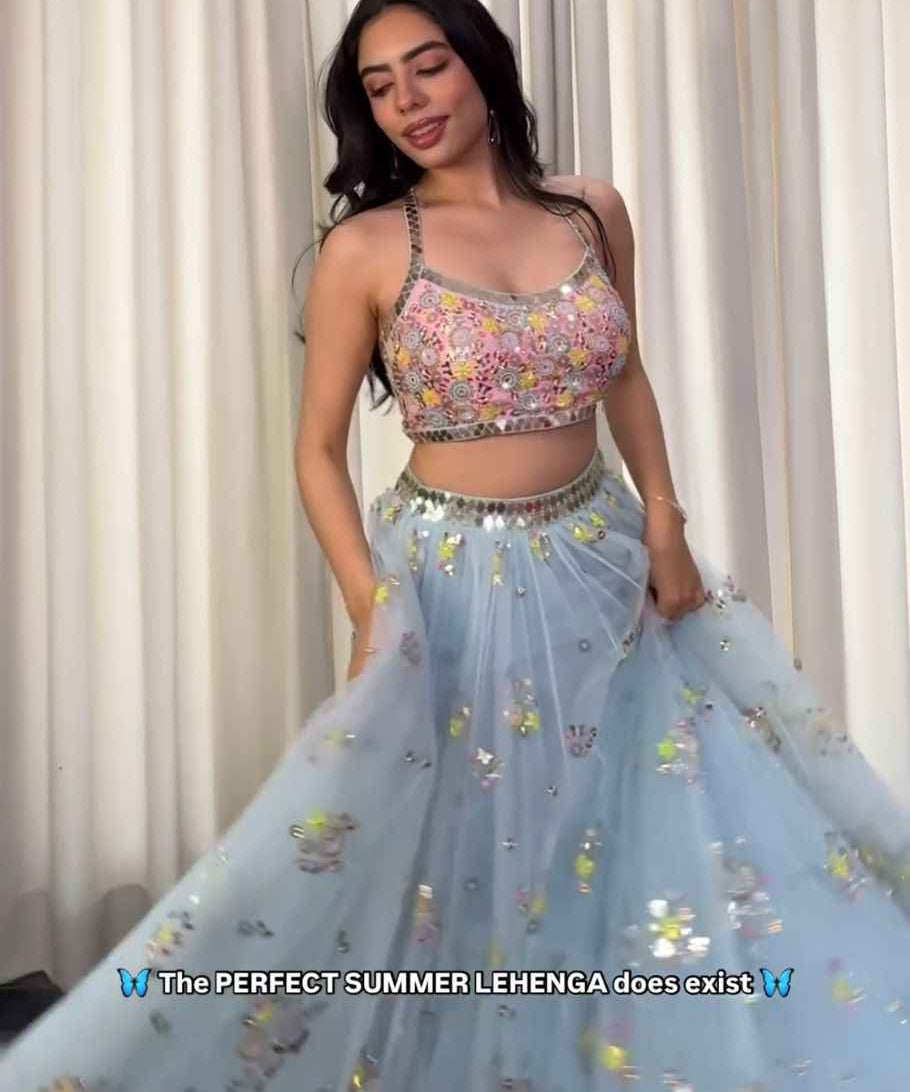 Party Wear Sky Blue Color Butterfly net Lehenga Choli for girls